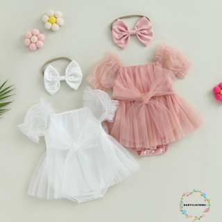 Babyclothes- ชุดรอมเปอร์ แขนสั้น ประดับโบว์ด้านหน้า พร้อมที่คาดผม แฟชั่นฤดูร้อน สําหรับเด็กผู้หญิง 2 ชิ้น