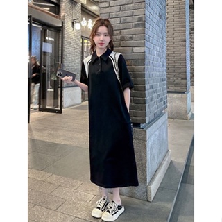 [Oversize Maxi Dress] (40-150kg) ชุดเดรสยาว แขนสั้น คอปกโปโล พลัสไซซ์ สีตัดกัน แฟชั่นสไตล์เกาหลี Perempuan Pakaian Wanita