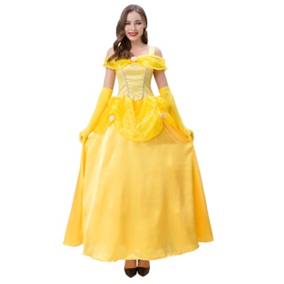 ชุดเดรสคอสเพลย์ Beauty and the Beast Bell Princess สีเหลือง สําหรับผู้ใหญ่ เหมาะกับปาร์ตี้ฮาโลวีน