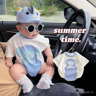 【insCartoon Elephant-babys romper】ชุดจั๊มสูท แขนสั้น ทรงสามเหลี่ยม ลายการ์ตูนช้างน่ารัก แฟชั่นฤดูร้อน สําหรับเด็กผู้ชาย และผู้หญิง