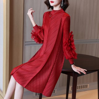 ชุดเดรสกระโปรง แต่งจับจีบ ขนาดใหญ่ สีแดง แฟชั่นฤดูใบไม้ร่วง และฤดูหนาว สไตล์ตะวันตก สําหรับสตรี