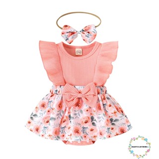 Babyclothes- ชุดรอมเปอร์ แขนพอง คอกลม ลายดอกไม้ พร้อมที่คาดผม ประดับโบว์ สําหรับเด็กผู้หญิง