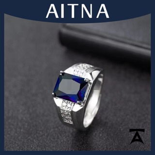 Aitna แหวนฝังเพทาย ทรงสี่เหลี่ยมผืนผ้า สีฟ้า ปรับได้ แฟชั่นเรียบง่าย สําหรับผู้ชาย