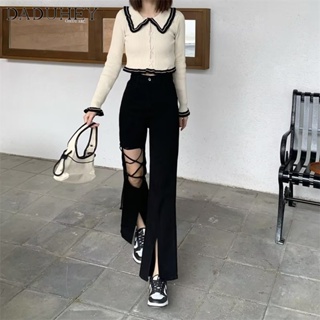 DaDuHey🎈 Korean Style Ins Fashion Ripped Jeans Womens New High Waist Slim Straight Draping Wide Leg Pants
