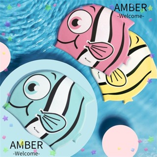 Amber หมวกว่ายน้ํา ซิลิโคน ยืดหยุ่น ลายการ์ตูนสัตว์น่ารัก สําหรับเด็กผู้ชาย และเด็กผู้หญิง