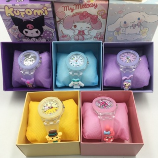 นาฬิกาข้อมือ มีไฟกระพริบ LED ลาย Sanrio Melody Kuromi Cinnamoroll Pompom Purin 7 สี สําหรับเด็กทุกเพศ