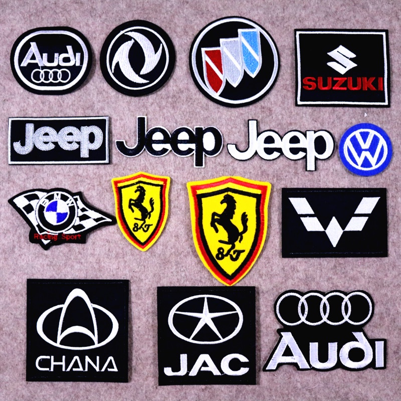 แผ่นแพทช์-ปักลายโลโก้-jeep-volkswagen-audi-bmw-ferrari-สําหรับติดตกแต่งเสื้อผ้า-กระเป๋า