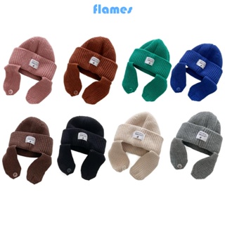 Fl หมวกถัก ป้องกันหู สีพื้น อินเทรนด์ฤดูหนาว สําหรับเด็กผู้ชาย เด็กผู้หญิง