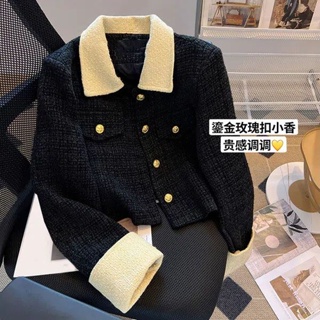 Color matching short coat womens 2023 spring and autumn western style new fashion high sense temperament tweed top