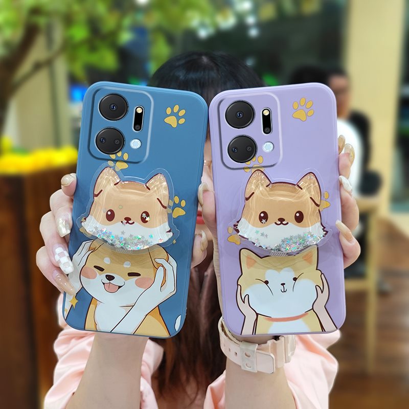 liquid-silicone-shell-simplicity-phone-case-for-honor-x7a-anti-fall-skin-friendly-feel-glitter-cute-rotatable-stand-ins