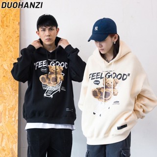 Duohanzi อเมริกันย้อนยุคหมีคู่ป่าหลวมบวกกํามะหยี่หนา ins เสื้อกันหนาวมีฮู้ดแบรนด์น้ําเสื้อกันหนาวเกาหลี
