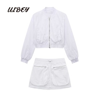 Uibey เสื้อแจ็กเก็ต คอปกตั้ง และกระโปรงยาวครึ่งหนึ่ง แฟชั่น 845605