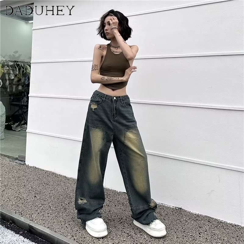 daduhey-womens-new-american-style-ins-retro-washed-jeans-high-waist-loose-hole-wide-leg-pants