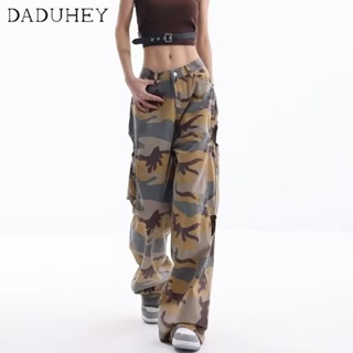 DaDuHey🎈 Womens American Style Ins High Street Retro High Waist Loose Wide Legs Slimming Camouflage Fashion Ripped Pants
