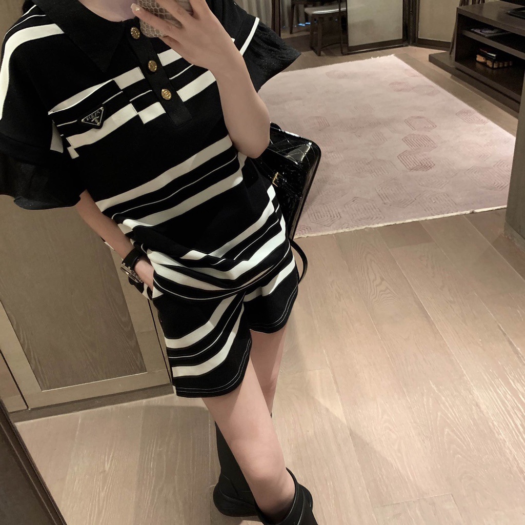 ktwe-pra-a-2023-spring-and-summer-new-triangle-logo-decorative-top-shorts-striped-polo-flying-sleeve-suit-for-women-leisure