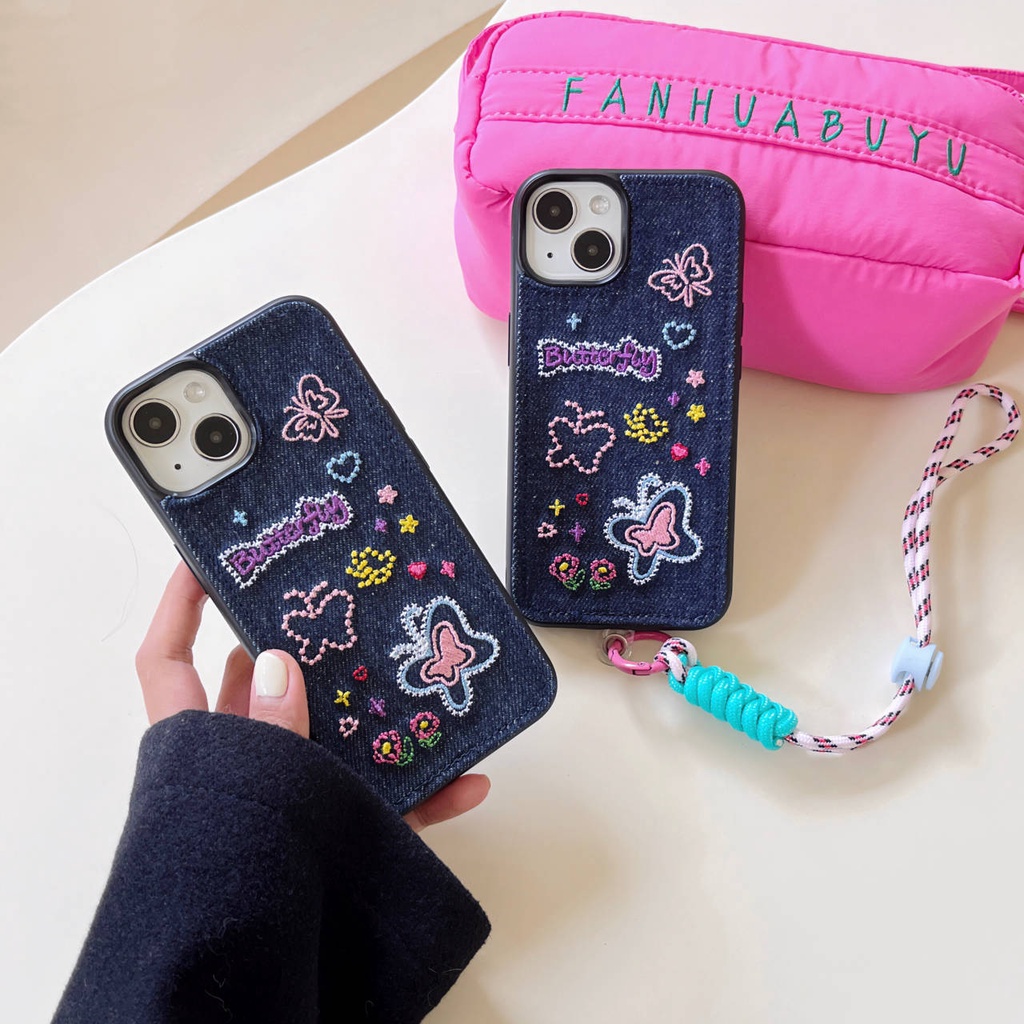 เคสโทรศัพท์มือถือ-tpu-ปักลายผีเสื้อ-สีชมพู-พร้อมสายคล้อง-กันกระแทก-สําหรับ-apple-iphone-15-14-13-12-11-pro-max
