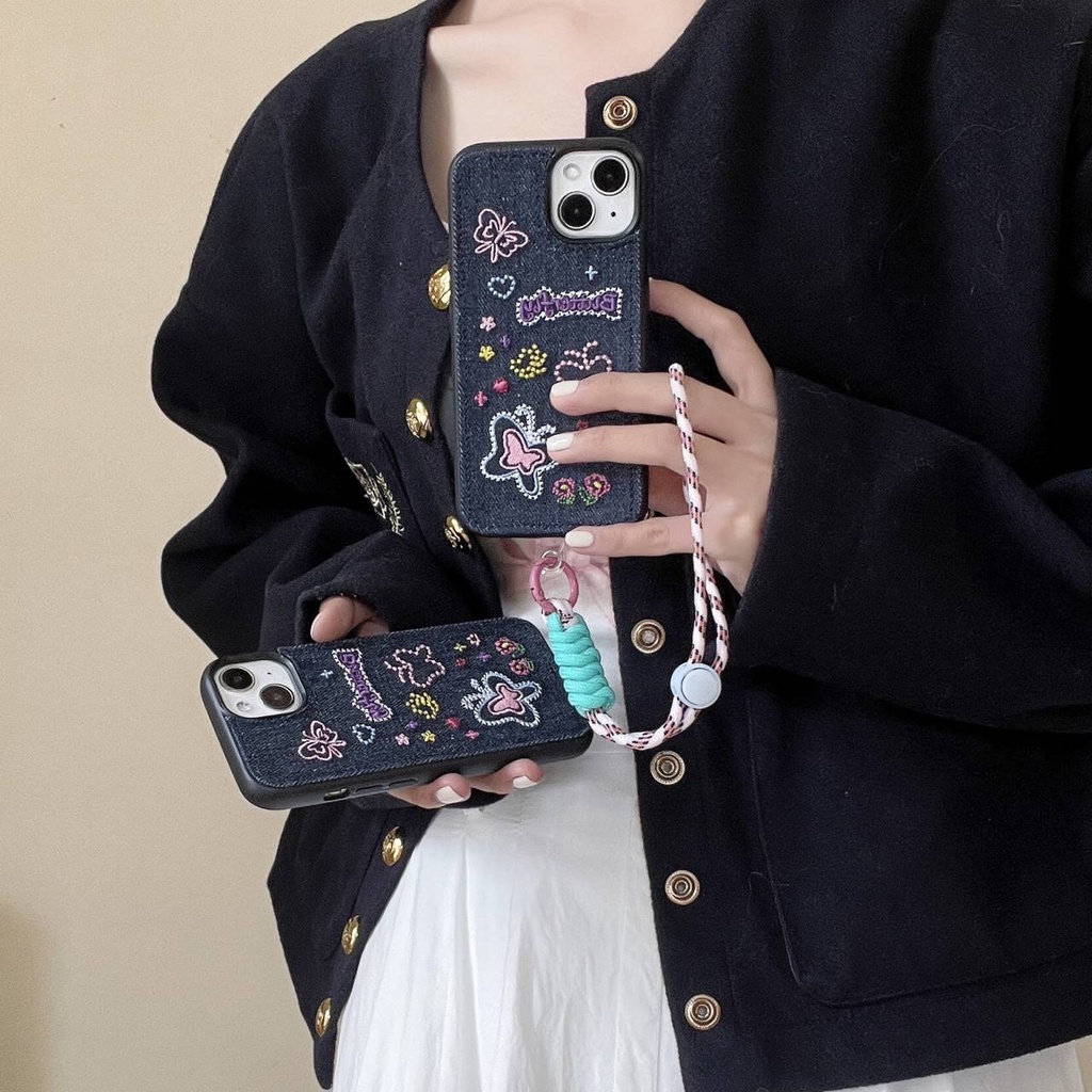 เคสโทรศัพท์มือถือ-tpu-ปักลายผีเสื้อ-สีชมพู-พร้อมสายคล้อง-กันกระแทก-สําหรับ-apple-iphone-15-14-13-12-11-pro-max