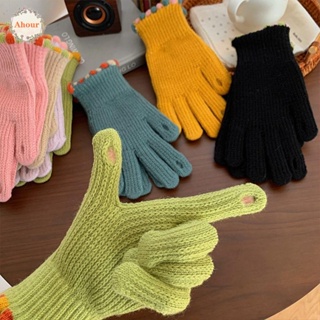 Ahour ถุงมือ ผ้าวูล ผ้ากํามะหยี่ แบบเปิดนิ้วมือ สีพื้น แบบเรียบง่าย สไตล์เกาหลี สําหรับผู้หญิง