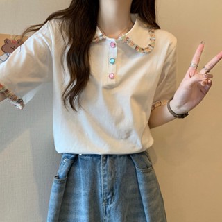 เสื้อโปโลแขนสั้น ผ้าฝ้ายแท้ ทรงหลวม แต่งลูกไม้ สีตัดกัน เข้ากับทุกการแต่งกาย แฟชั่นฤดูร้อน สําหรับผู้หญิง VONC