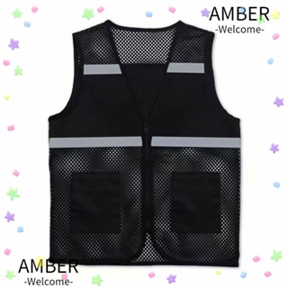 Amber เสื้อกั๊ก ผ้าตาข่าย แต่งแถบสะท้อนแสง ระบายอากาศ มีซิป สีดํา สําหรับคนงานรถไฟจราจร