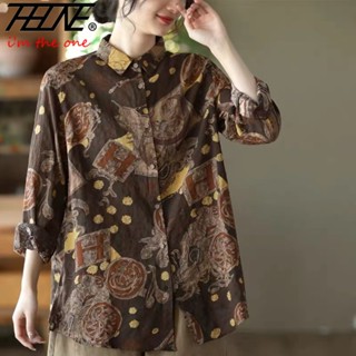 Thhone เสื้อแขนยาว ทรงหลวม พิมพ์ลาย Blusa Mujer Camisas โอเวอร์ไซซ์ สไตล์วินเทจ แฟชั่นฤดูใบไม้ร่วง สําหรับผู้หญิง 2023