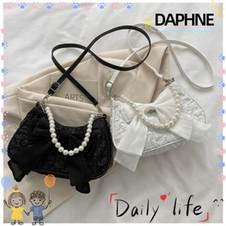 Daphne กระเป๋าถือ กระเป๋าสะพายไหล่ ผ้าแคนวาส หนัง PU ประดับโบว์ และไข่มุก คุณภาพสูง สไตล์เรโทร สําหรับสตรี