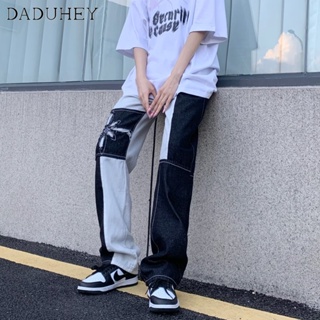DaDuHey🔥 American-Style Retro High Street Black and White Stitching Contrast Color Jeans Mens 2023 Fashionable All-Match Slim-Fit Ripped Casual Pants