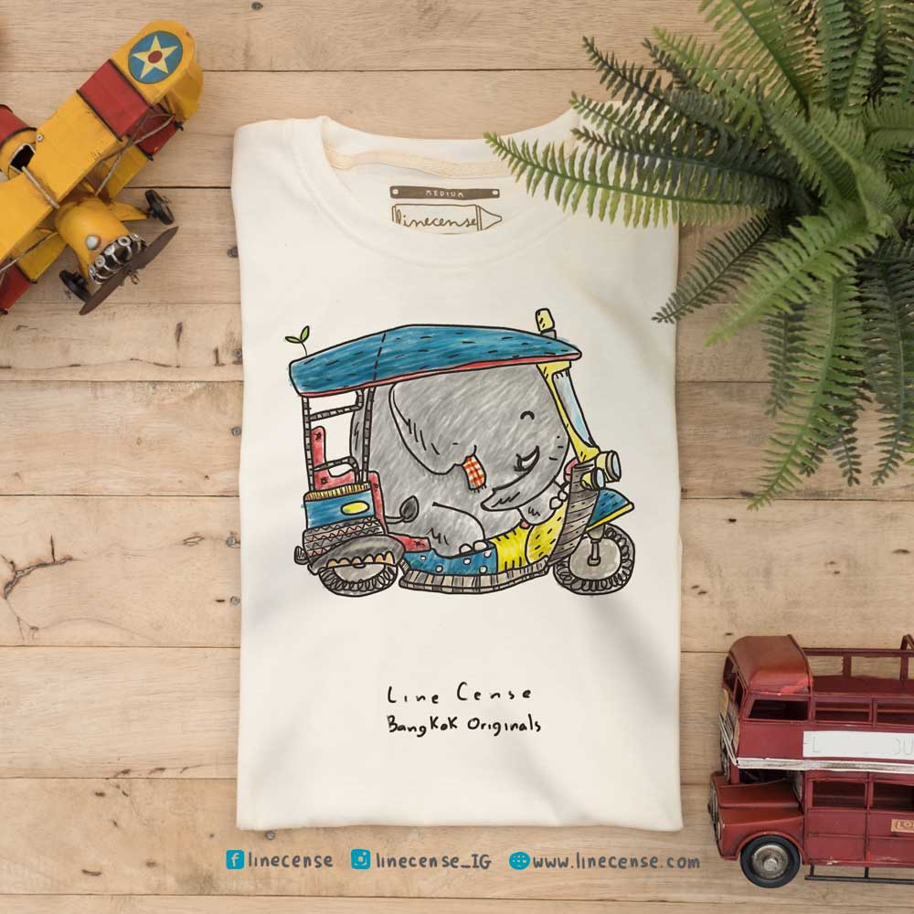 elephant-tuk-tuk-t-shirt-เสื้อยืดลายช้างตุ๊กตุ๊ก-สีขาวออฟไวท์