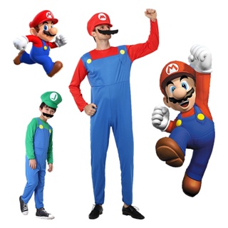 เครื่องแต่งกายคอสเพลย์ Super Mario Bros Mario Luigi พร้อมหมวกเครา สําหรับผู้ใหญ่ เด็ก ปาร์ตี้ฮาโลวีน