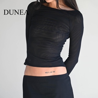 Dunea เสื้อยืด แขนยาว เปิดไหล่ เปิดหลัง ผ้าตาข่าย แฟชั่นฤดูใบไม้ร่วง สําหรับผู้หญิง