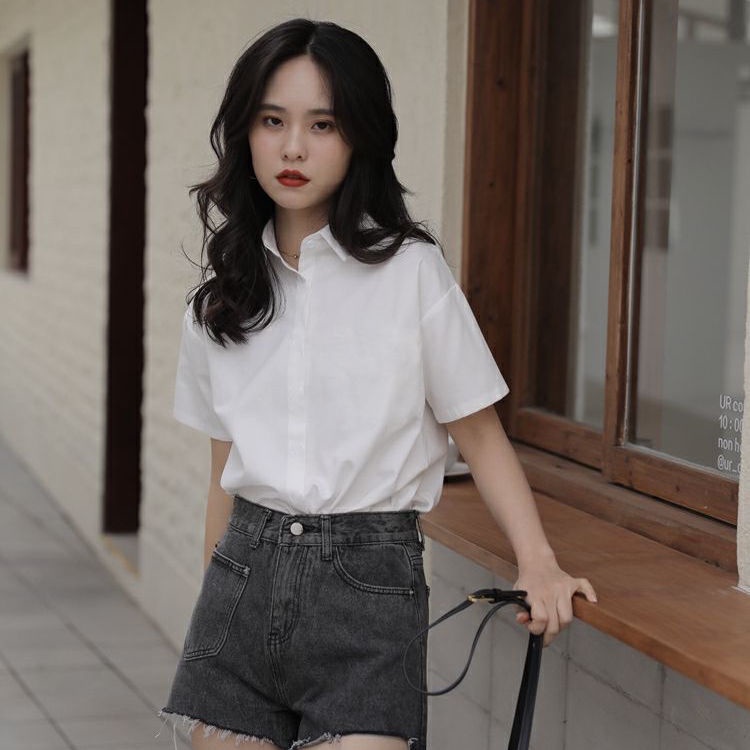 เสื้อเชิ้ตแขนสั้นลําลอง-แบบบาง-สีขาว-เข้ากับทุกการแต่งกาย-สไตล์ฮ่องกงเรโทร-แฟชั่นฤดูร้อน-สําหรับผู้หญิง-2023