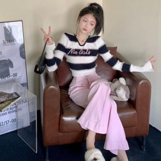 964a02 เสื้อกันหนาวแขนยาว ลายทาง ผ้าฟลีซ อาร์กติก ขนมิงค์ สําหรับผู้หญิง ZEQC