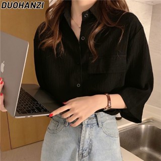 Duohanzi เสื้อยืด แขนสั้น ห้าส่วน สไตล์ฝรั่งเศส สําหรับผู้หญิง