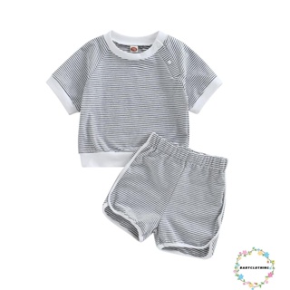 Babyclothes- ชุดเสื้อยืดคอกลม แขนสั้น พิมพ์ลายทาง กางเกงขาสั้น เอวยางยืด แฟชั่นฤดูร้อน สําหรับเด็กผู้ชาย