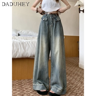 DaDuHey🎈 American Style Womens Washed-out Blue Jeans Straight-Leg High Waist Wide Leg Fashion All-Match Mopping Loose Long Pants