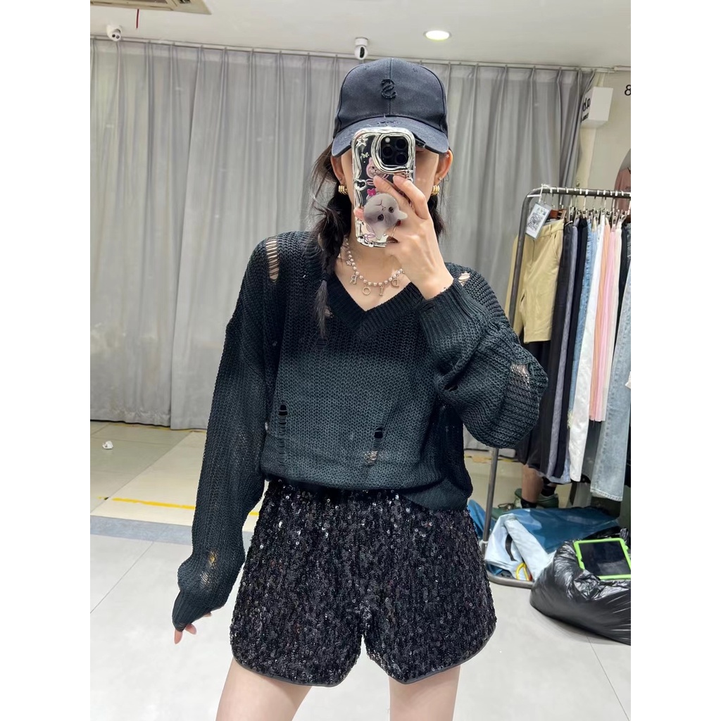 เสื้อถัก-คอวี-ทรงหลวม-แฟชั่นฤดูร้อน-สําหรับผู้หญิง-0lcs