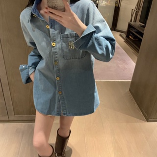 5VNB MIU MIU 23 autumn and winter New letter cloth embroidered denim shirt coat womens pocket decorative metal fashion all-match