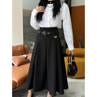 I0ME PRA * A 23 autumn and winter New pleated long skirt logo triangle decorative high waist slimming with belt fashion