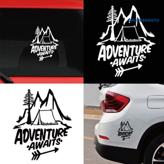 [CFGY] สติกเกอร์สะท้อนแสง ลาย Adventure Awaits Tree Tent Mountains สําหรับตกแต่งรถยนต์