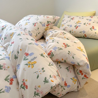 4 IN 1 ชุดเครื่องนอน ผ้าปูที่นอน ผ้าฝ้าย 100% พิมพ์ลายดอกไม้ สีพื้น สําหรับเตียงควีนไซซ์ คิงไซซ์