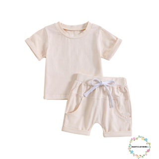 Babyclothes- ชุดเสื้อคอกลม แขนสั้น และกางเกงขาสั้น แบบผูกเชือก แฟชั่นฤดูร้อน สําหรับเด็กผู้ชาย 2 ชิ้น