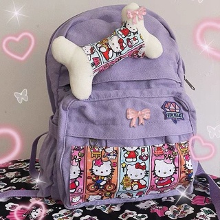 กระเป๋าเป้สะพายหลัง ลาย Hello Kitty สีม่วง ของแท้ แบบโฮมเมด สําหรับนักเรียนหญิง