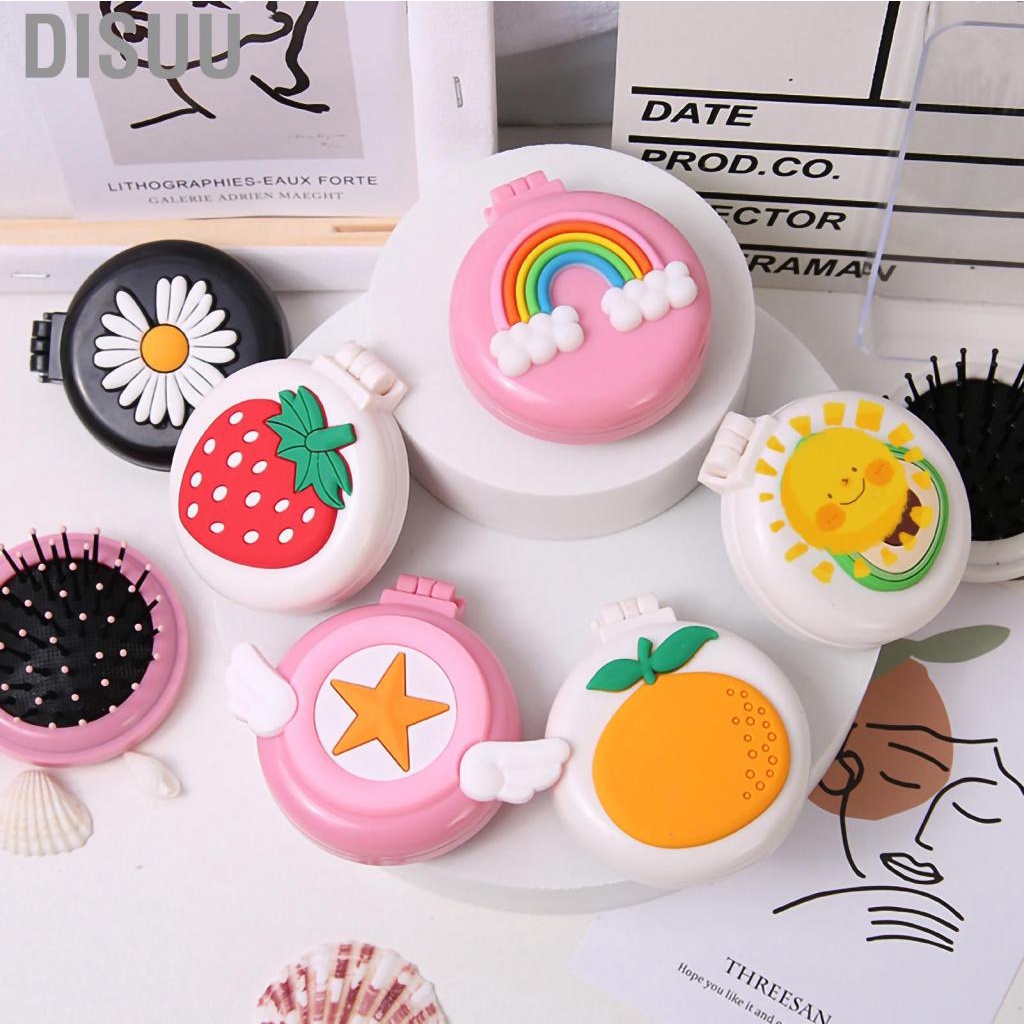 disuu-portable-makeup-mirror-with-folding-cushion-comb-cute-cartoon-small-hair-brush-for-travel-trip