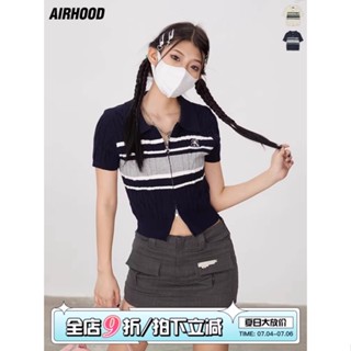 Airhood เสื้อโปโล แขนสั้น ผ้าถัก มีซิปคู่ สไตล์ยุโรป อเมริกัน สําหรับผู้หญิง MC 8JTP