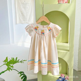 Korean childrens wear rainbow bear embroidered girls dress 2023 Summer flying sleeve contrast color cotton childrens dress BC17