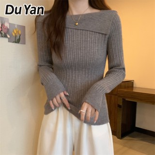 Du Yan เสื้อกันหนาวแขนยาว คอสี่เหลี่ยม ผ้าถัก เปิดไหล่ข้างเดียว สไตล์ตะวันตก สําหรับผู้หญิง