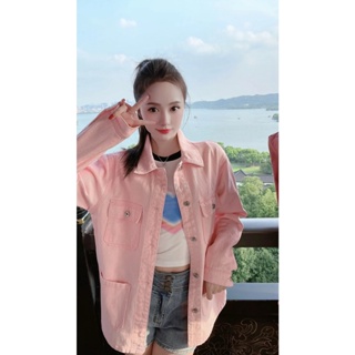 UR9L MIU MIU 23 autumn and winter New Pink embroidered letter denim coat womens fashion all-match loose sweet style girl style