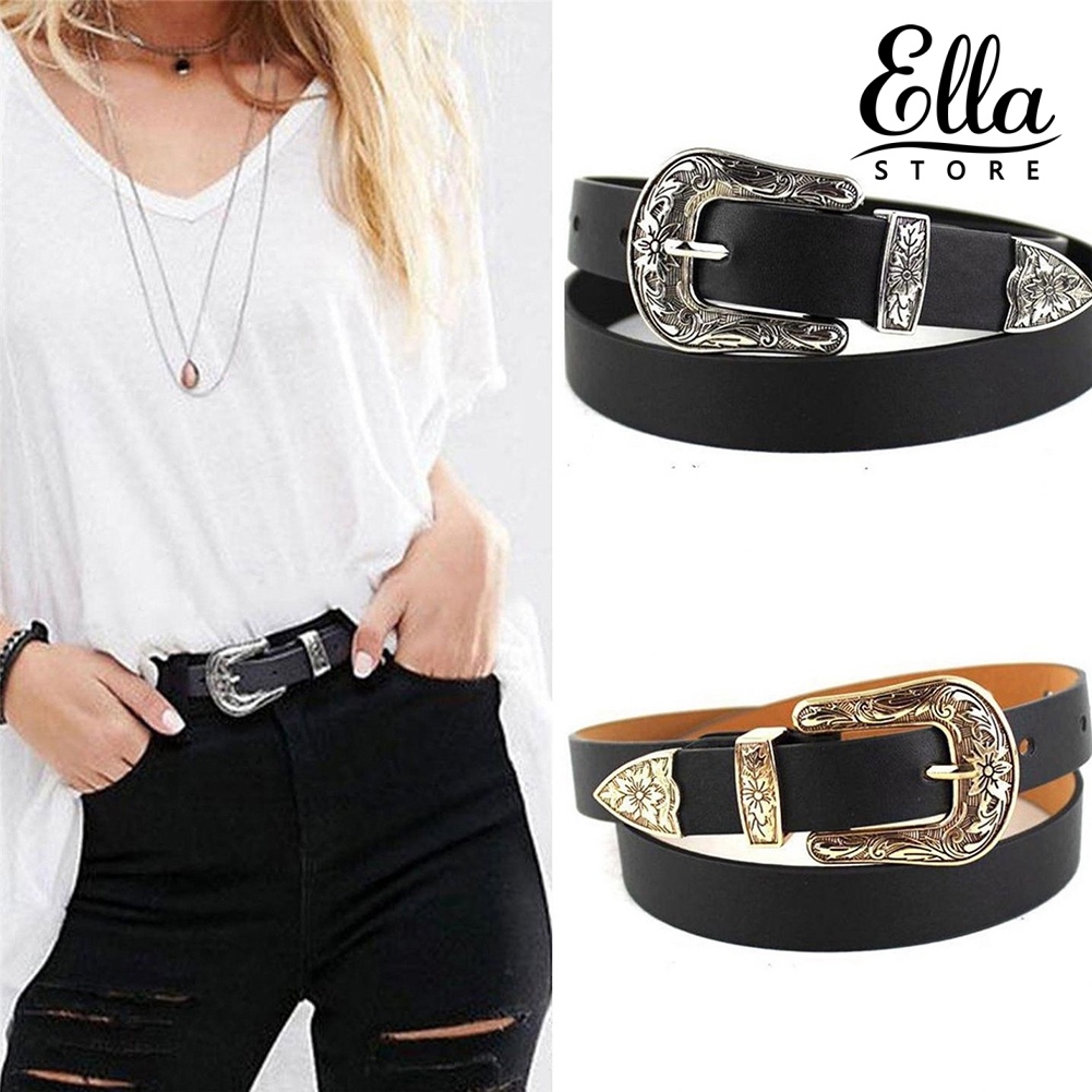 ellastore123-เข็มขัดหนังเทียม-หัวเข็มขัดคู่-สไตล์ตะวันตก-สําหรับผู้หญิง