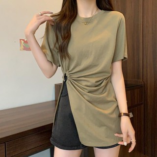 เสื้อยืดแขนยาวครึ่งแขน เข้ารูป ออกแบบดี ทรงไม่สม่ําเสมอ ขนาดใหญ่ เหมาะกับฤดูร้อน สําหรับผู้หญิง
