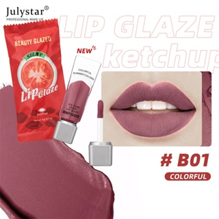 JULYSTAR BEAUTY GLAZED มะเขือเทศสไตล์น่ารัก Lip Glaze Smooth Waterproof Lip GLOSS Lasting Moisturizing Liquid ลิปสติก Red Lip เครื่องสำอาง